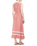 smocked-waist ikat midi dress, red chestnut/multi