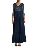 3/4-Sleeve Sequined Combo Gown