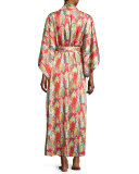 Dynasty Pearl-Print Long Robe, Red/Multicolor
