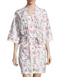 Bird Toile-Print Short Kimono Robe, Blue