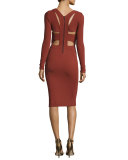 Long-Sleeve Cutout-Back Dress, Burnt Sienna