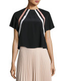 Raglan-Sleeve Striped Silk Crop Top, Nero/Cipria/Panna