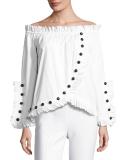 Dalia Embellished Ruffle-Trim Off-the-Shoulder Blouse, White