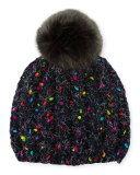 Melange Beanie Hat w/ Faux-Fur Pompom, Dark Gray