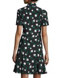 Garden Party Short-Sleeve Tie-Front Dress, Black/Green/White