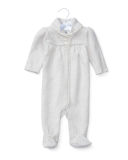 Shawl-Collar Footed Lace-Trim Pima Coverall, Size Newborn-9 Months