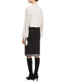 Fringe-Trim Boucle Pencil Skirt, Caviar/Frost