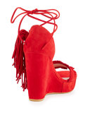 Pompom Fringe Ankle-Tie Wedge Sandal