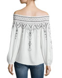 Teagan Off-The-Shoulder Tribal-Print Blouse, White