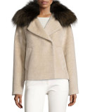 Fur-Trim Colorblock Coat, Beige