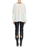Split-Neck Hand-Embroidered Blouse, Vanilla
