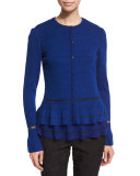 Jewel-Neck Peplum Cardigan, Prussian Blue/Caviar