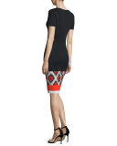 Ikat-Hem Milano Knit V-Neck Dress, Caviar/Multi