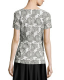 Metallic Blossom Faux-Wrap Blouse, Bianco/Caviar
