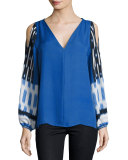 Sahara Mixed-Print Cold-Shoulder Silk Blouse, Multi