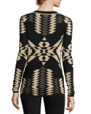 Geometric Jacquard Tunic Sweater, Black
