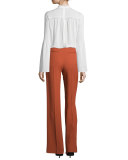 Long-Sleeve Silk Blouse w/Pintucked Yoke, White