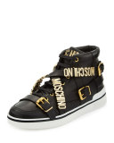 Multi-Strap Leather High-Top Sneaker, Black