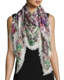 Floral Silk & Cashmere Square Peacock Scarf, Pink/Multicolor