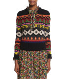 Fair Isle Graphic Intarsia Crewneck Sweater, Black Multi