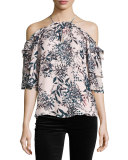 Cindy Floral-Print Cold-Shoulder Silk Top, Privett