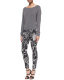 Side-Zip Printed Slim Pants, Black Multi