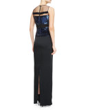 Sleeveless Sequin-Stripe Gown, Black