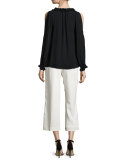 Gina Long-Sleeve Ruffled Tie-Neck Silk Blouse, Black