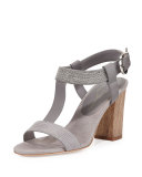 Crisscross T-Strap Leather Sandal, Gray