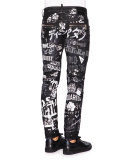 Graffiti-Print Skater Jeans, Black