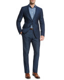 Herringbone Flat-Front Pants, Blue