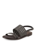 Monili-Trim Leather Flat Sandal, Black