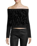 Cropped Feather Fringe Off-the-Shoulder Sweater, Black