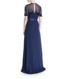 Short-Sleeve Butterfly-Back Gown, Navy