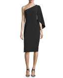 One-Sleeve Ponte Cocktail Dress, Black