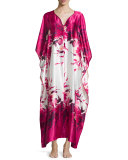 Floral-Print Charmeuse Zip-Front Caftan, Fuchsia Print