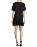 Short-Sleeve Boxy Jacquard Cloque Top, Black