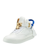 Men's 100mm Leather Mid-Top Sneaker, White Neon/Blue