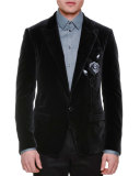 Rose-Embroidered Two-Button Velvet Jacket, Charcoal