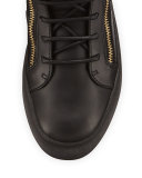 Men's Leather Mid-Top Sneaker with Gold Piercing Details, Black