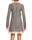 Long-Sleeve Plaid Dress w/3D Appliques, Black/Pink