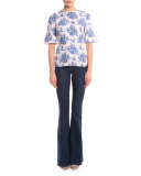 Delft-Print Tie-Front Tee, Ivory/Blue