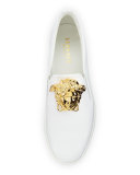 Leather Slip-On Sneaker with Golden Medusa Head, White