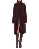 Long Reversible Shearling Fur Coat, Aubergine