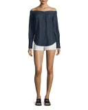 Kacy Reversible Chambray Off-the-Shoulder Tunic, Indigo