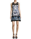 Phoenix-Print Sleeveless Dress, Blue
