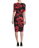 Short-Sleeve Belted Floral Sheath Dress, Red/Black