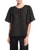 Corded-Lace Flutter-Sleeve Tunic, Black