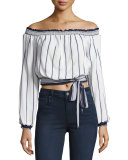 Cannes Off-the-Shoulder Belted Crop Top, Blue/White