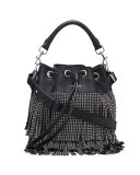 Small Stud Fringe Bucket Shoulder Bag, Black